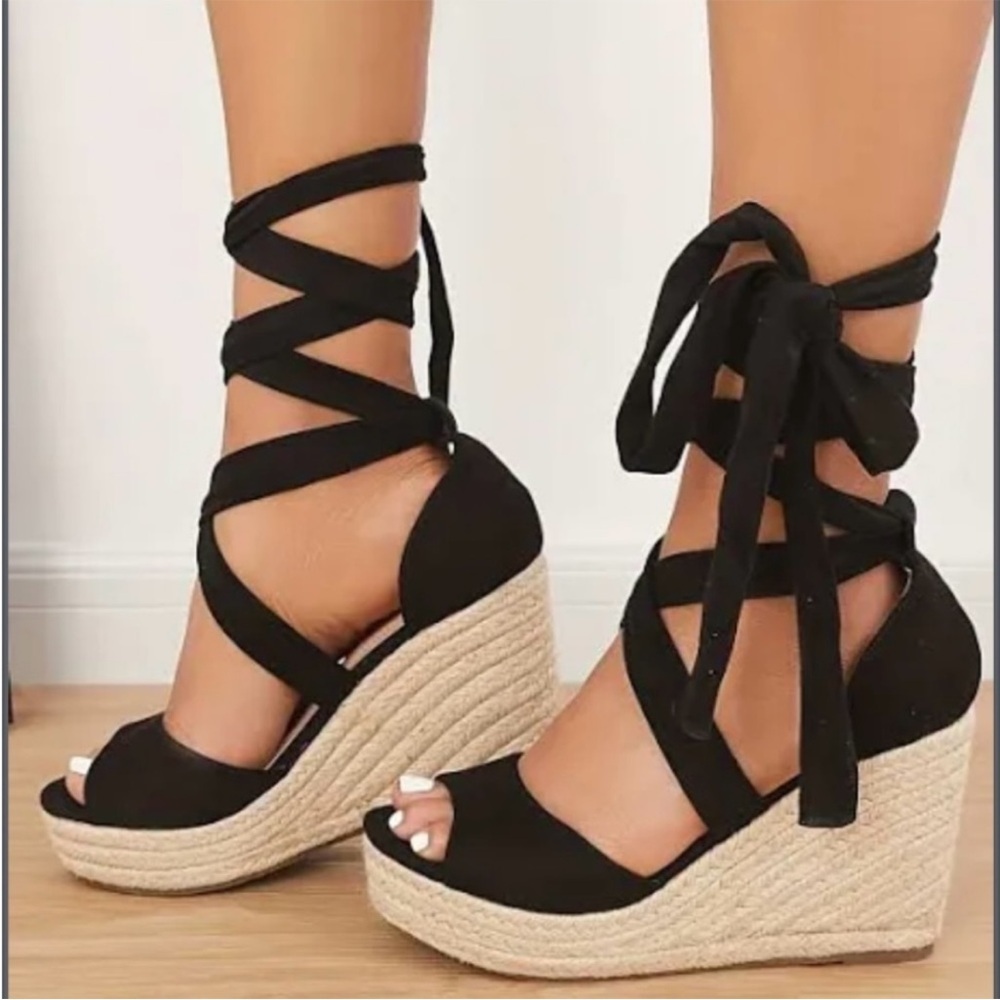 JustFab Isla Tie Up Espadrille Wedge, Size 8.5, Black